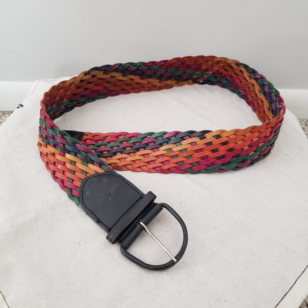 Vintage Boho Braided Leather Belt 36" Rainbow Hippie Festival Concert Statement